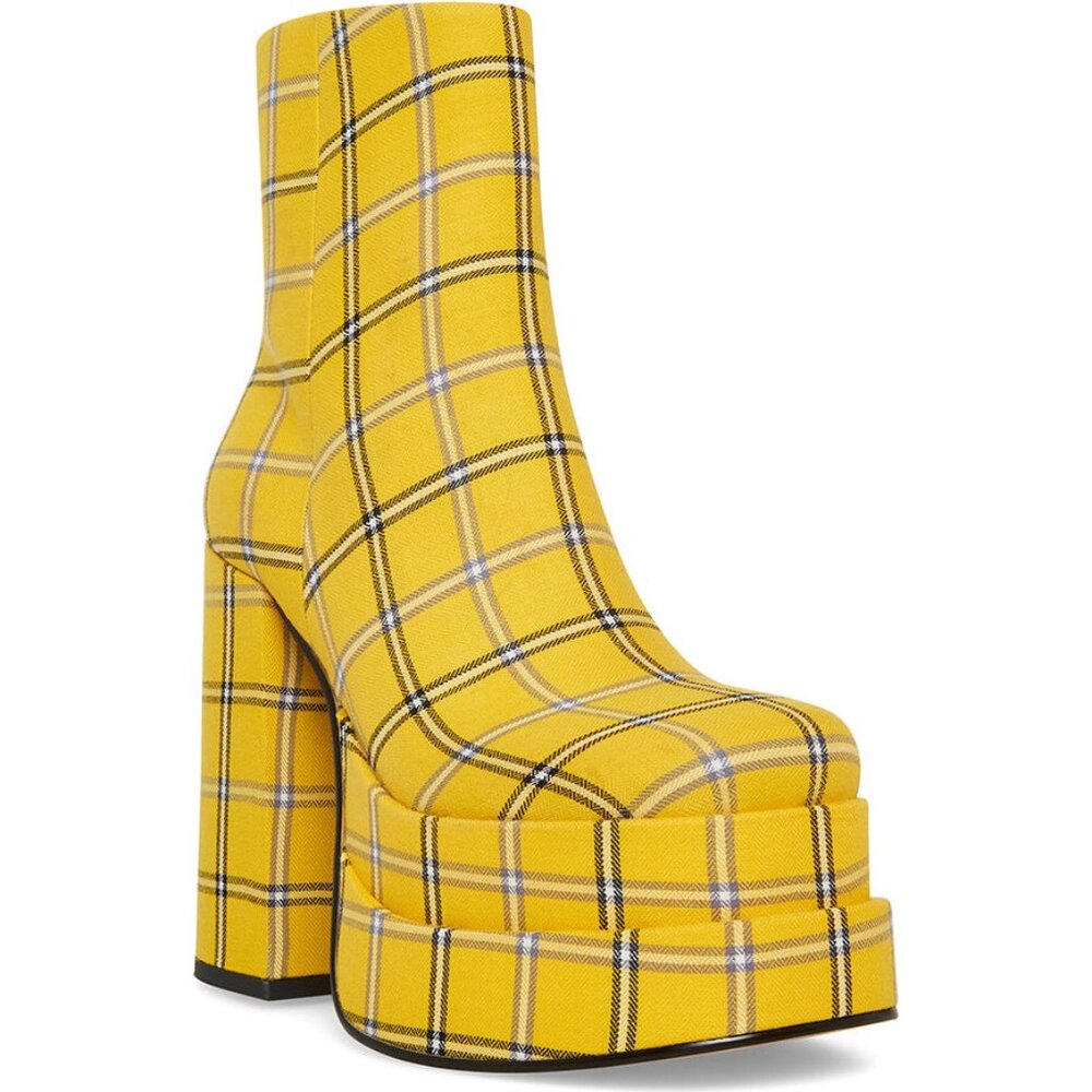 💋RETRO 70s CHIC💋Steve Madden Double Plarform Booties in Yellow & Black Plaid - Picture 7 of 16